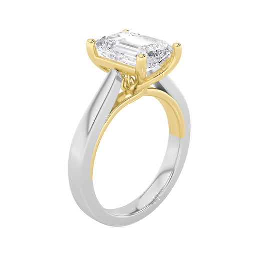 1Cttw Emerald Shaped Lab Grown Diamond (F/VS) TwoTone Twisted Basket Cathedral Shank Solitaire Ring in 14K Gold