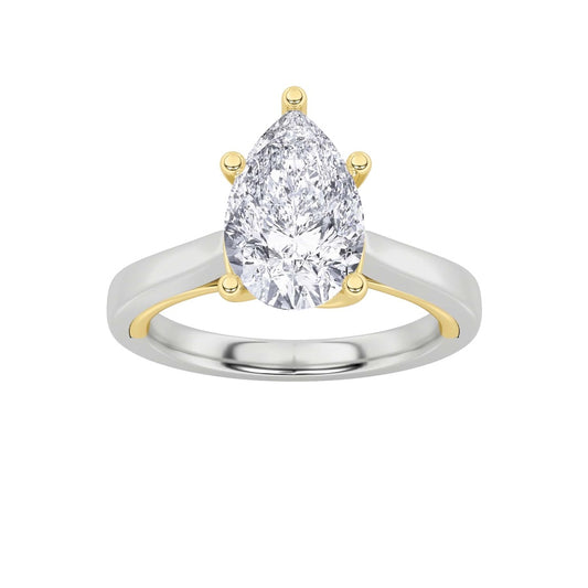 1Cttw Pear Shaped Lab Grown Diamond (F/VS) Two Tone Twisted Basket Cathedral Shank Solitaire Ring in 14K Gold