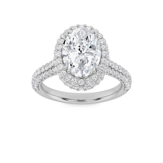 3CTW Oval Shaped Lab Grown Diamond (F/VS) Halo Accented Engagement Ring in 14K Gold