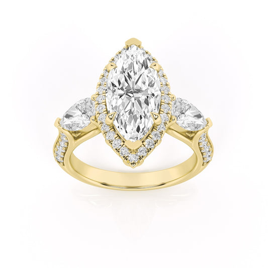 3CTW Marquise Shaped Lab Grown Diamond (F/VS) Three Stone Halo Enagement Ring in 14K Gold