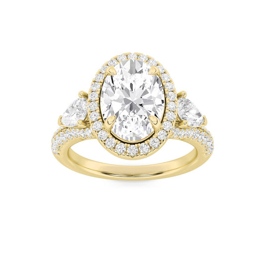 3Cttw Oval Shaped Lab Grown Diamond (F/VS) Three Stone Bold Accented Engagement Ring in 14K Gold