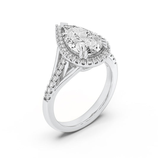 3CTW Pear Shaped Lab Grown Diamond (F/VS) Halo Accented Engagement Ring in 14K Gold