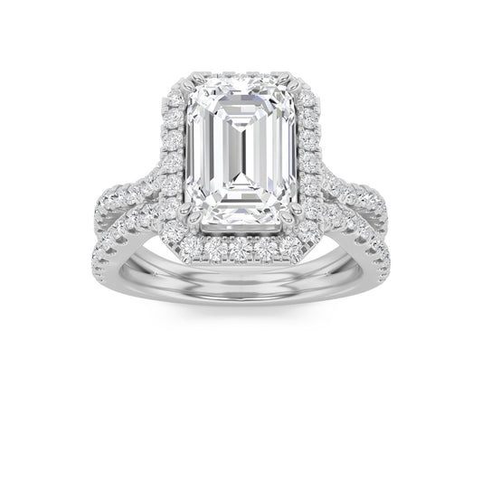 4Cttw Emerald Shaped Lab Grown Diamond (F/VS) Split Shank Halo Engagement Ring in 14K Gold