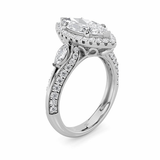 3Cttw Marquise Shaped Lab Grown Diamond (F/VS) Three Stone Halo Enagement Ring in 14K Gold