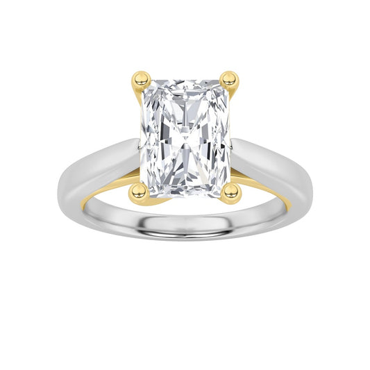 3CTW Radiant Shaped Lab Grown Diamond (F/VS) Two Tone Cathedral Shank Engagement Ring in 14K Gold