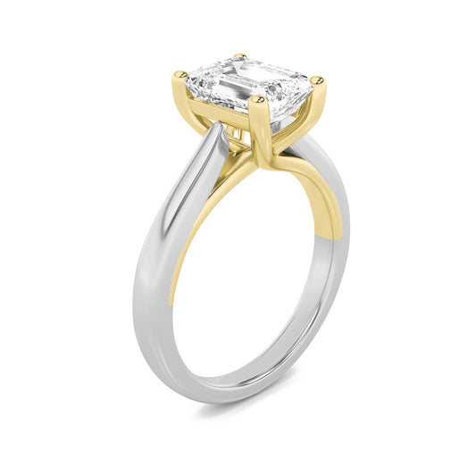3CTW Radiant Shaped Lab Grown Diamond (F/VS) Two Tone Cathedral Shank Engagement Ring in 14K Gold