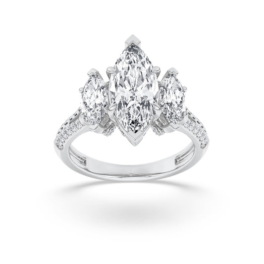 4CTW Marquise Shaped Lab Grown Diamond (G/VS) Three Stone Accented Engagement Ring in 14K Gold