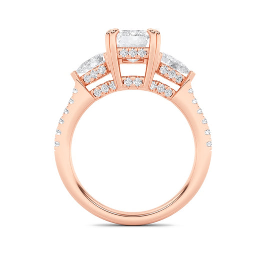 3CTW Radiant Shaped Lab Grown Diamond (F/VS) Accented Three Stone Ring in 14K Gold