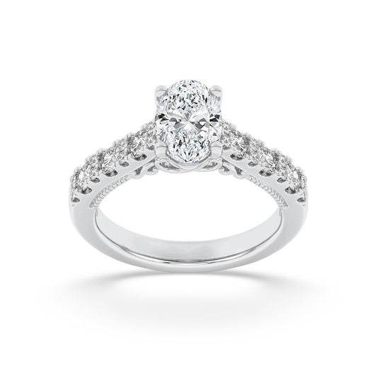 2Cttw Oval Shaped Lab Grown Diamond (F/VS) Accented Milgrain Engagement Ring in 14K Gold