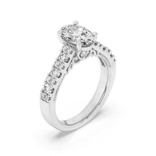 2Cttw Oval Shaped Lab Grown Diamond (F/VS) Accented Milgrain Engagement Ring in 14K Gold