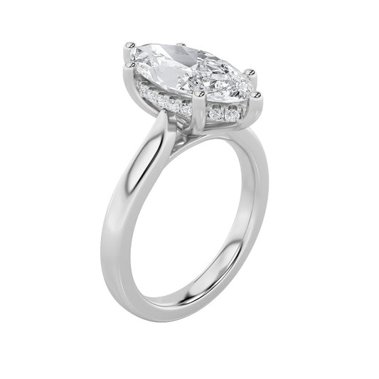 1Cttw Marquise Shaped Lab Grown Diamond (F/VS) Hidden Halo Cathedral Shank Engagement Ring in 14K Gold