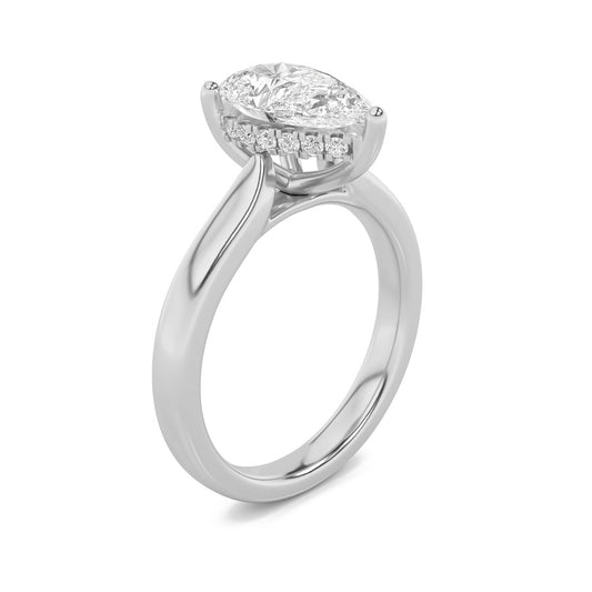 1Cttw Pear Shaped Lab Grown Diamond (F/VS) HiddenHalo Cathedral Shank Engagement Ring in 14K Gold