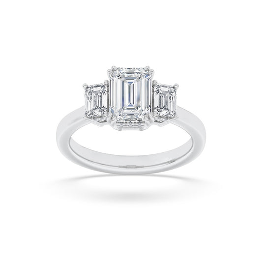 3Cttw Emerald Shaped Lab Grown Diamond (F/VS) Three Stone Accented Ring in 14K Gold