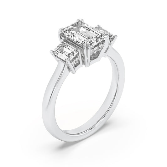 3Cttw Emerald Shaped Lab Grown Diamond (F/VS) Three Stone Accented Ring in 14K Gold