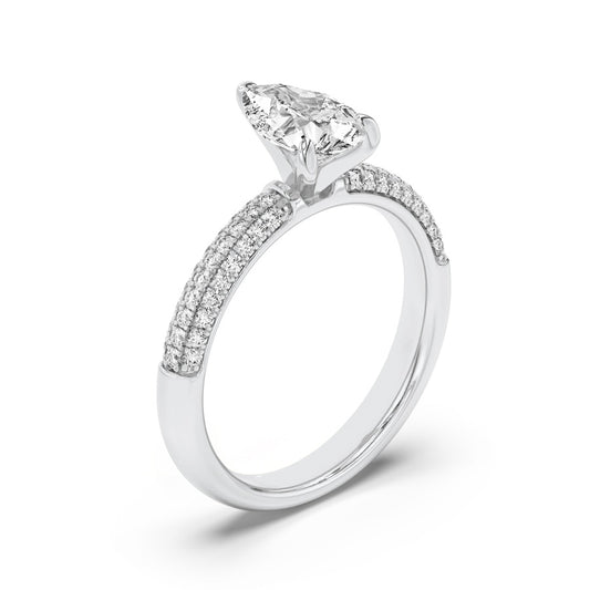 1.5Cttw Pear Shaped Lab Grown Diamond (F/VS) Three Row Micro Pave Engagement Ring in 14K Gold