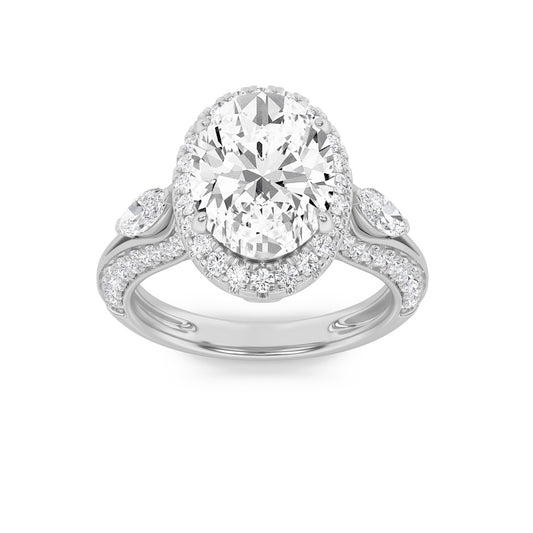 3Cttw Oval Shaped Lab Grown Diamond (F/VS) Three Stone Halo Enagement Ring in 14K Gold