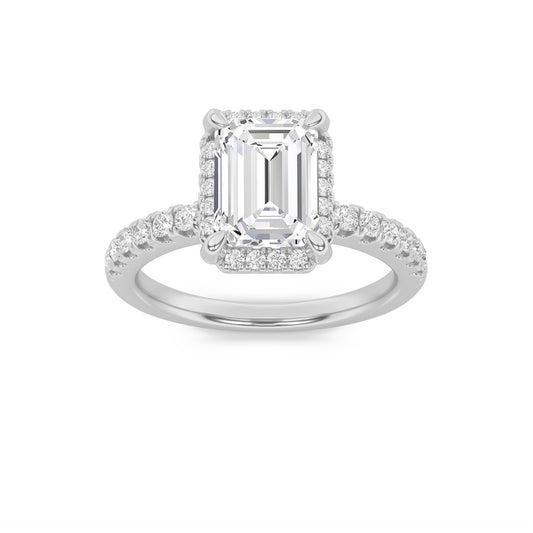 2Cttw Emerald Shaped Lab Grown Diamond (F/VS) Halo Accented Engagement Ring in 14K Gold