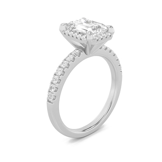 2Cttw Emerald Shaped Lab Grown Diamond (F/VS) Halo Accented Engagement Ring in 14K Gold
