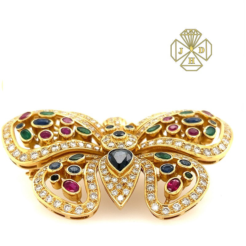 18K Yellow Gold Butterfly Brooch with Diamonds, Ruby, Sapphire and Emeralds