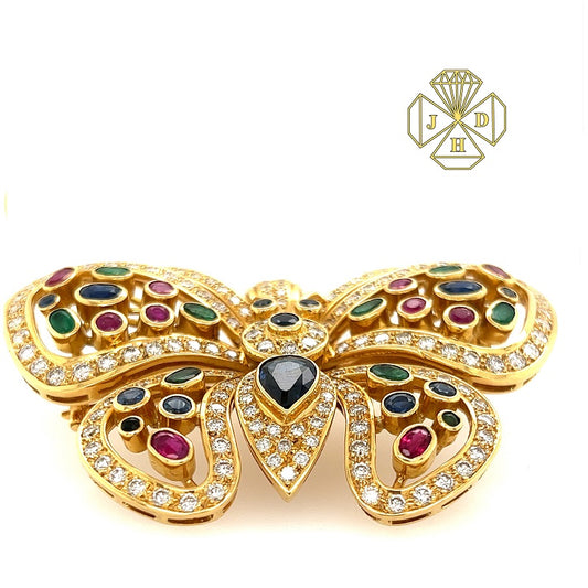 18K Yellow Gold Butterfly Brooch with Diamonds, Ruby, Sapphire and Emeralds