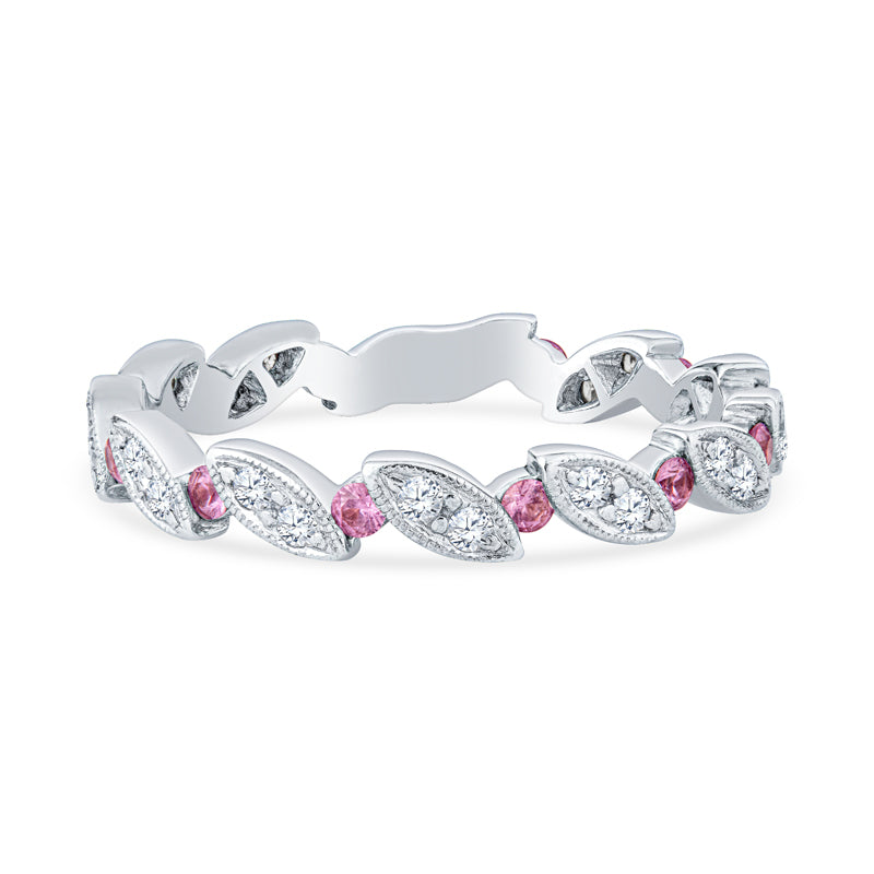 18K White Gold Milgrain Leaf Design Diamond Anniversary Band