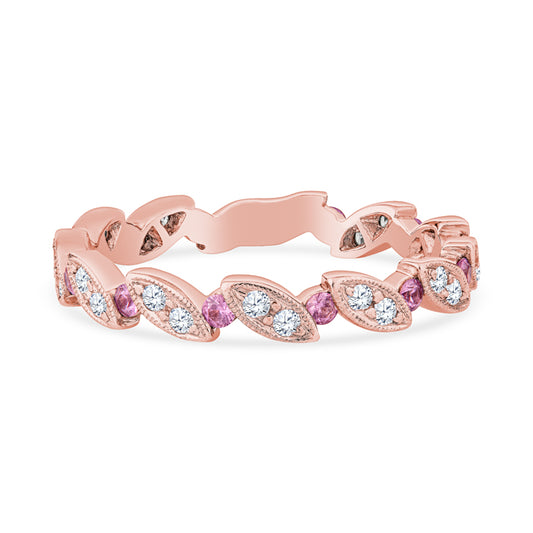 18K Rose Gold Milgrain Leaf Design Diamond Wedding Band