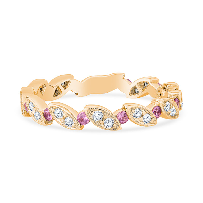 18K Yellow Gold Milgrain Leaf Design Diamond Stackable Band