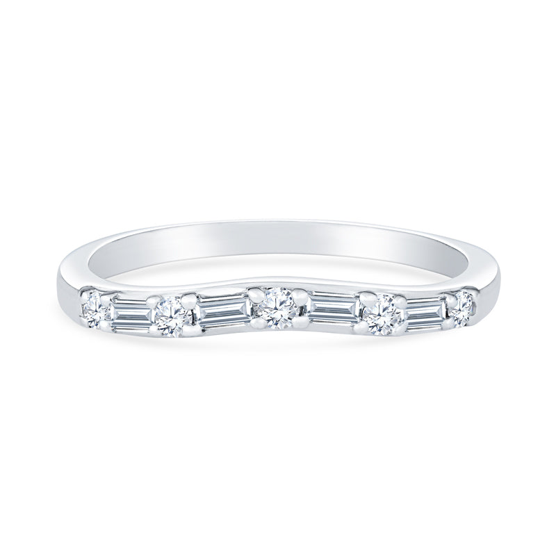 14K White Gold Baguette and Round Alternating Diamond Contour Anniversary Band