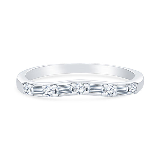 14K White Gold Baguette and Round Alternating Diamond Contour Anniversary Band