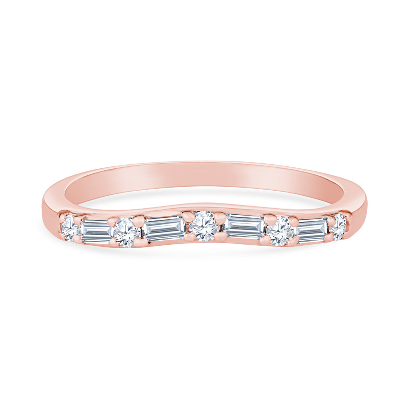 14K Rose Gold Baguette and Round Alternating Diamond Contour Wedding Band