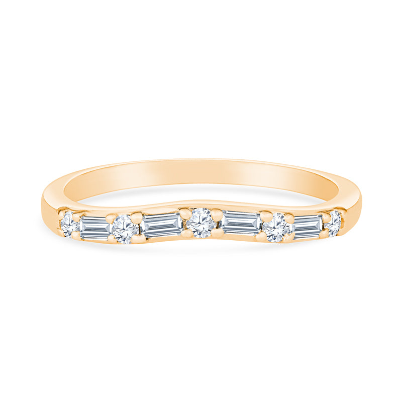 14K Yellow Gold Baguette and Round Alternating Diamond Contour Stackable Band