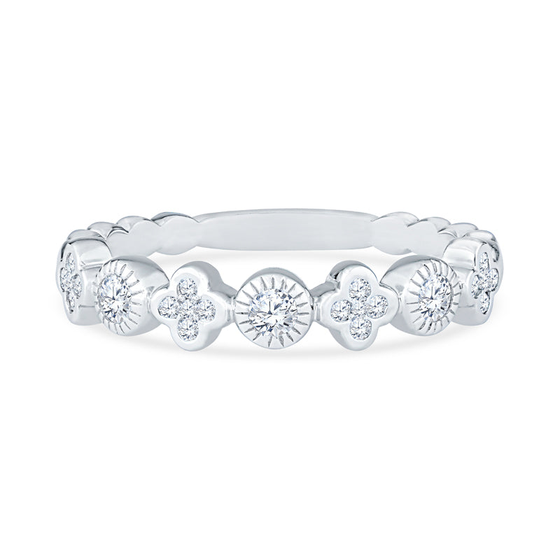 18K White Gold Round and Clover Shape Bezel Set Diamond Anniversary Band