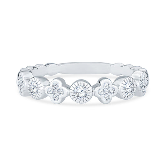 18K White Gold Round and Clover Shape Bezel Set Diamond Anniversary Band