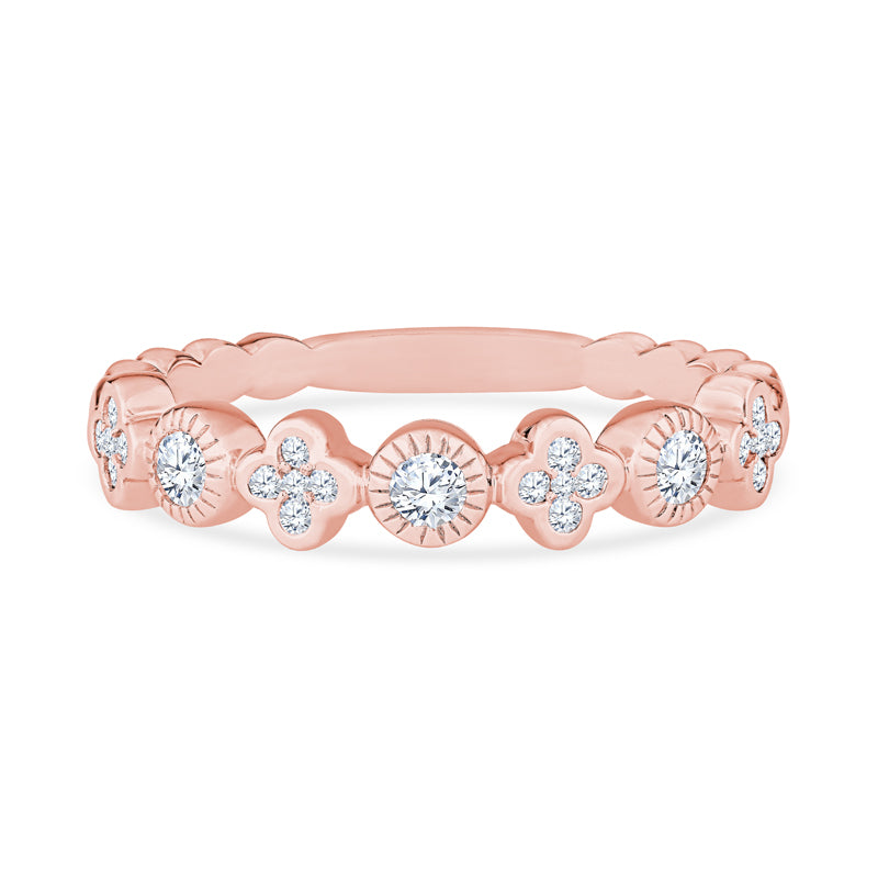 18K Rose Gold Round and Clover Shape Bezel Set Diamond Wedding Band