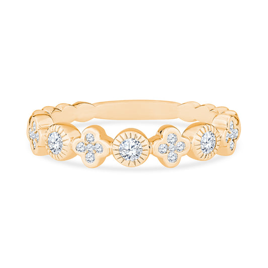 18K Yellow Gold Round and Clover Shape Bezel Set Diamond Stackable Band