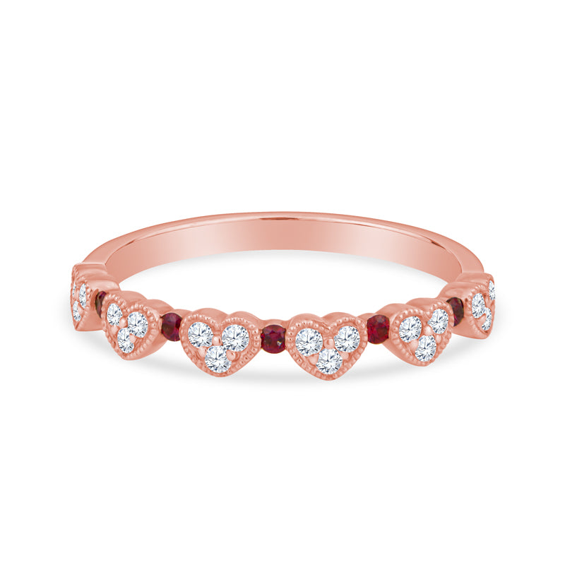 18K Yellow Gold Heart Shape Wedding Band with Diamond and Rubies