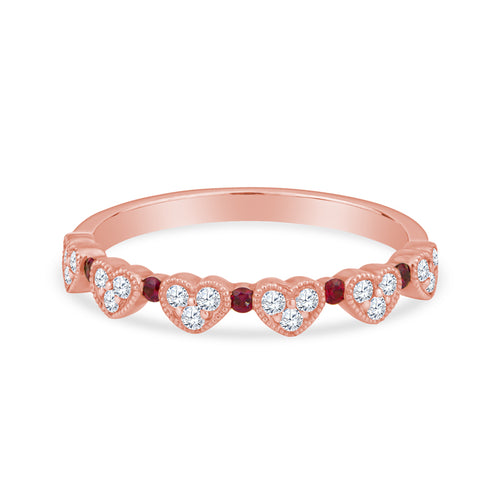 18K Yellow Gold Heart Shape Wedding Band with Diamond and Rubies