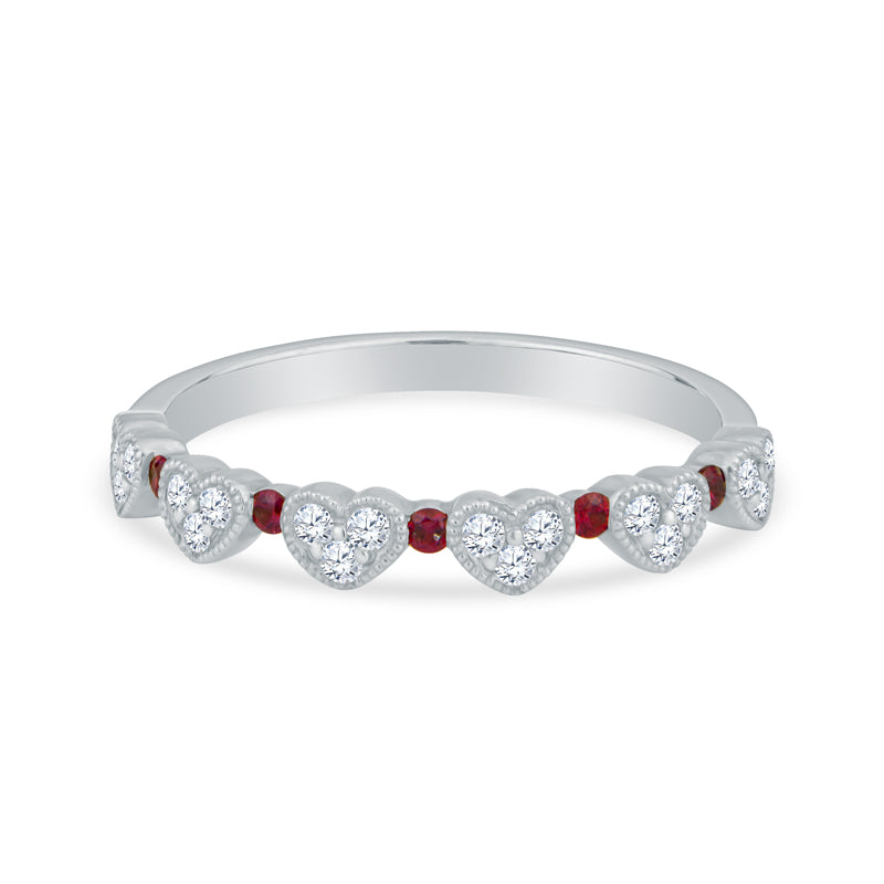 18K Yellow Gold Heart Shape Wedding Band with Diamond and Rubies