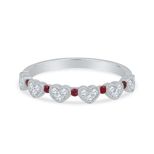 18K Yellow Gold Heart Shape Wedding Band with Diamond and Rubies