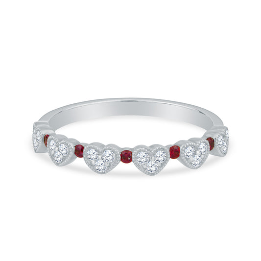 18K Yellow Gold Heart Shape Wedding Band with Diamond and Rubies