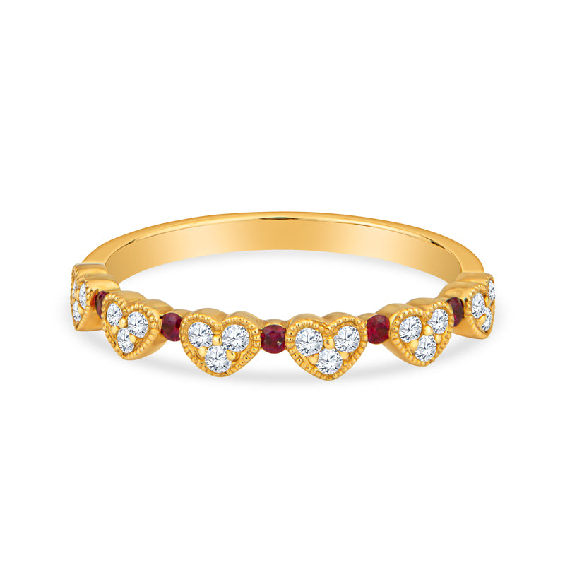 18K Yellow Gold Heart Shape Wedding Band with Diamond and Rubies