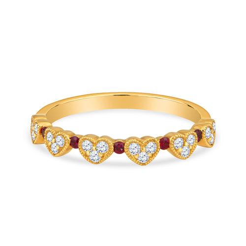 18K Yellow Gold Heart Shape Wedding Band with Diamond and Rubies