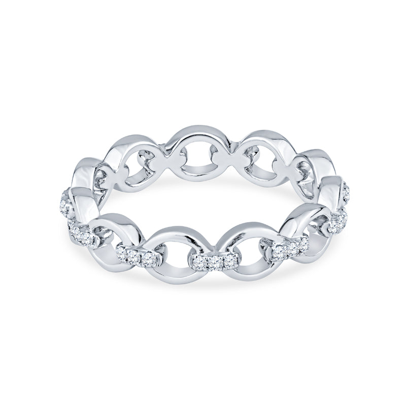 18K White Gold Link Style Wedding Band with Pave Diamonds on Bar