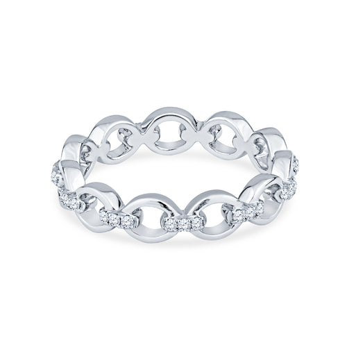 18K White Gold Link Style Wedding Band with Pave Diamonds on Bar