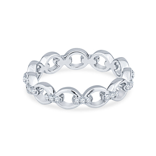 18K White Gold Link Style Wedding Band with Pave Diamonds on Bar