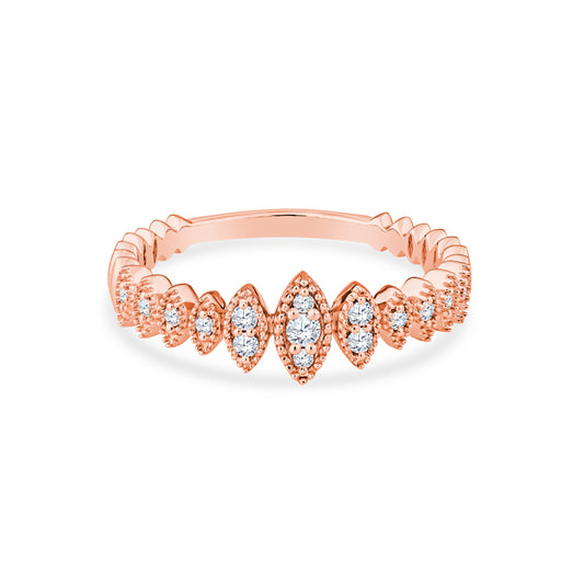 18K Rose Gold Marquise Wedding Band Set in Round Diamonds with Delicate Milgrain