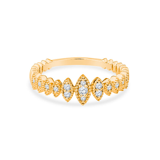 18K Yellow Gold Marquise Wedding Band Set in Round Diamonds with Delicate Milgrain