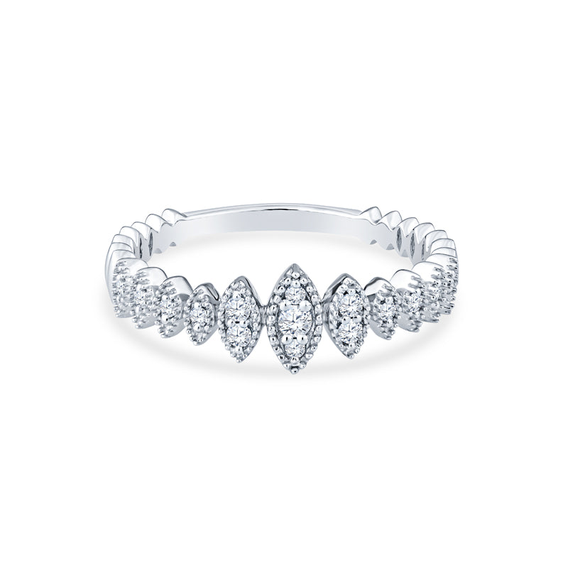 18K White Gold Marquise Wedding Band Set in Round Diamonds with Delicate Milgrain
