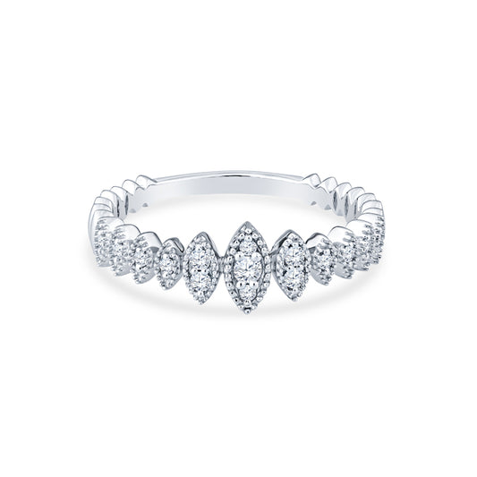 18K White Gold Marquise Wedding Band Set in Round Diamonds with Delicate Milgrain
