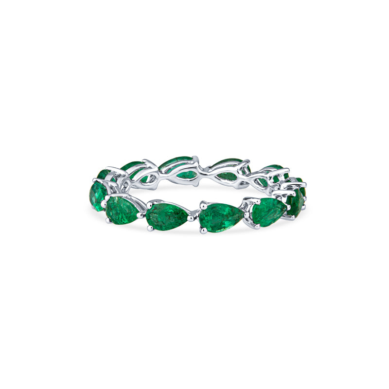 18K White Gold East-West Pear Emeralds Shimmer Wedding Band